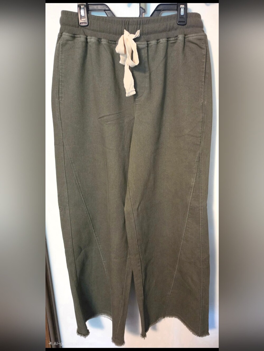 Women's Dark Olive Drawstring Cropped Pants With Frayed Hem By Things Between.